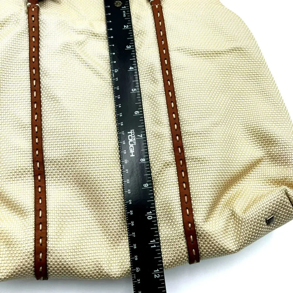 ANTONIO MELANI Tan Brown‎ Canvas Purse Handbag Shoulder Tote Faux Leather Trim